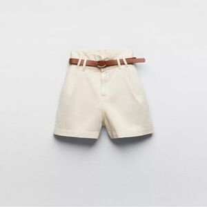 Zara Belted Baggy Paperbag Denim Shorts in Ecru